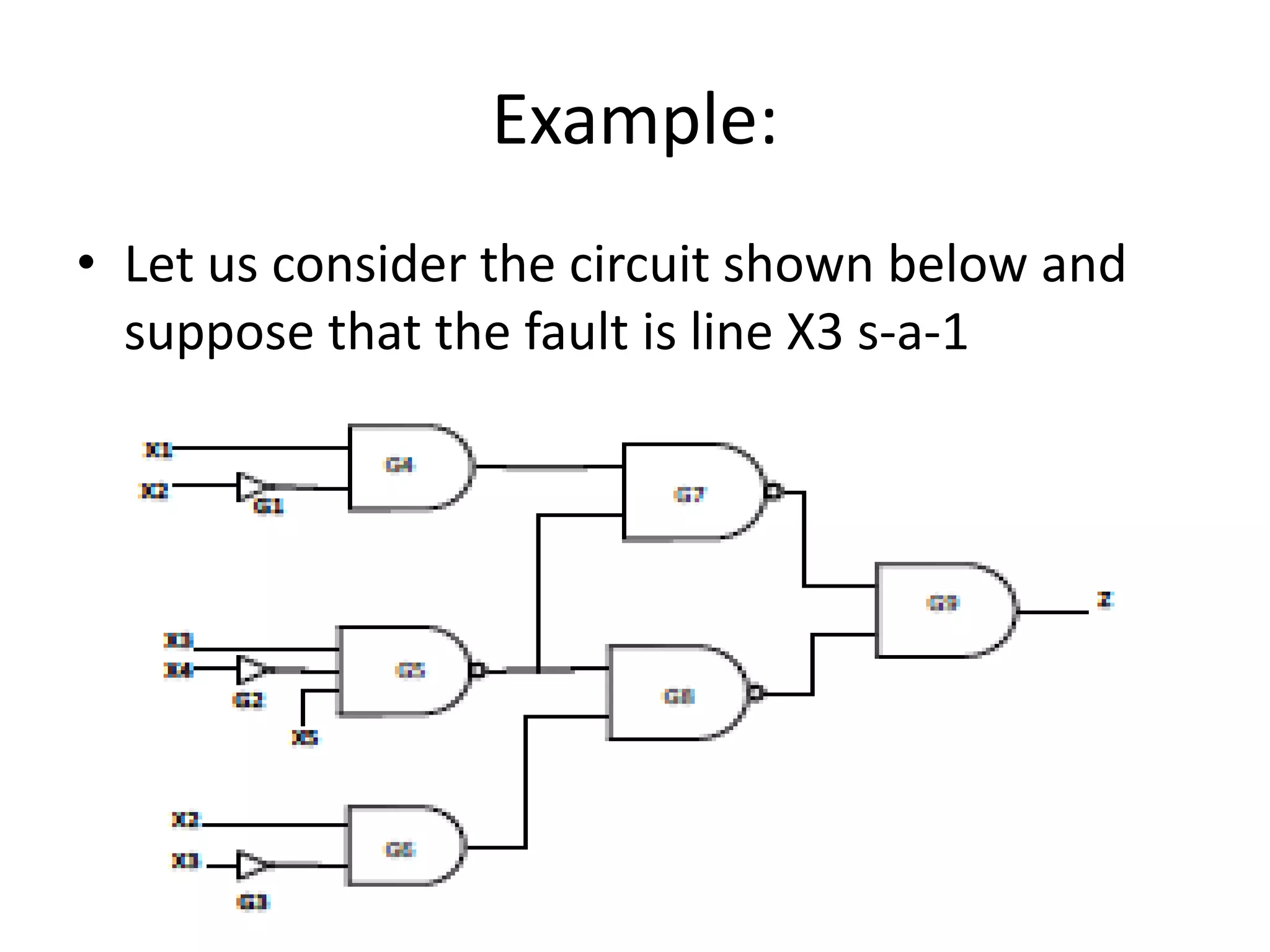 Example:
• Let us consider the circuit shown below and
suppose that the fault is line X3 s-a-1

 