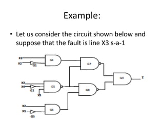 Example:
• Let us consider the circuit shown below and
suppose that the fault is line X3 s-a-1

 
