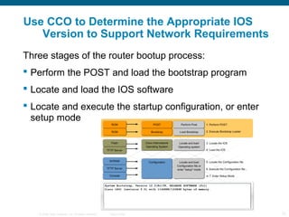 © 2006 Cisco Systems, Inc. All rights reserved. Cisco Public 12
Use CCO to Determine the Appropriate IOS
Version to Support Network Requirements
Three stages of the router bootup process:
 Perform the POST and load the bootstrap program
 Locate and load the IOS software
 Locate and execute the startup configuration, or enter
setup mode
 
