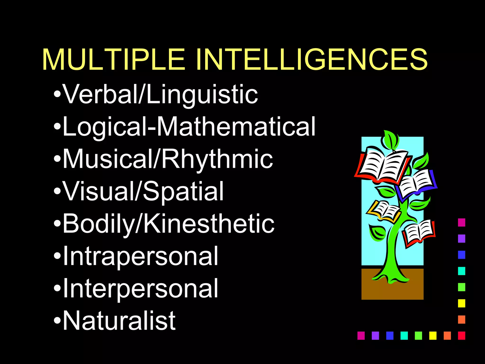 MULTIPLE INTELLIGENCES
•Verbal/Linguistic
•Logical-Mathematical
•Musical/Rhythmic
•Visual/Spatial
•Bodily/Kinesthetic
•Intrapersonal
•Interpersonal
•Naturalist
 