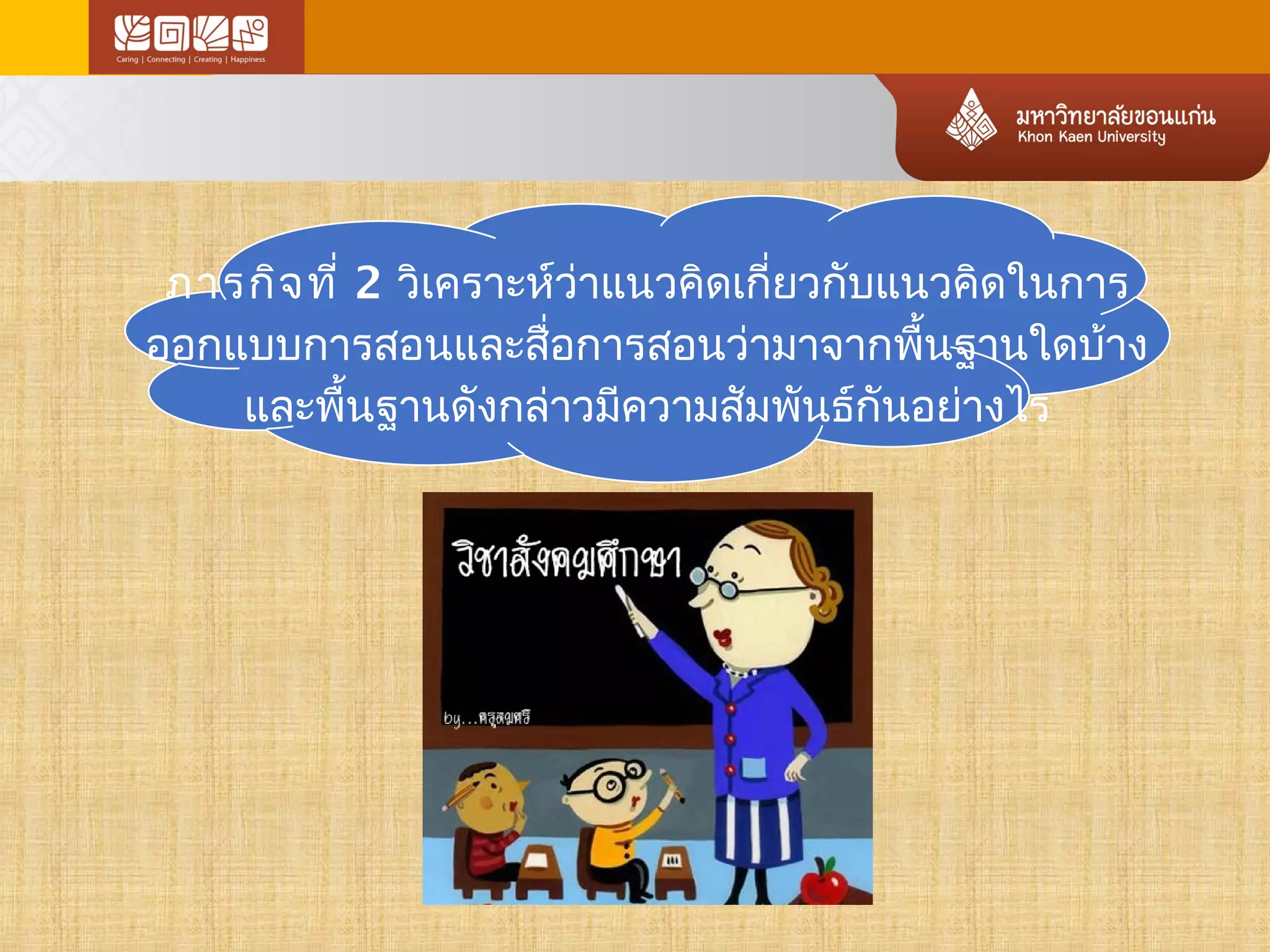 ภารกิจที่ 2 วิเคราะห์ว่าแนวคิดเกี่ยวกับแนวคดิในการ 
ออกแบบการสอนและสื่อการสอนว่ามาจากพื้นฐานใดบ้าง 
และพื้นฐานดังกล่าวมีความสัมพันธ์กันอย่างไร 
 