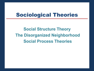 Sociological Theories 
Social Structure Theory 
The Disorganized Neighborhood 
Social Process Theories 
 