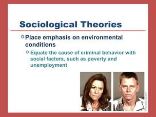 Sociological Theories 
Place emphasis on environmental 
conditions 
 Equate the cause of criminal behavior with 
social factors, such as poverty and 
unemployment 
 
