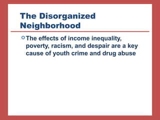 The Disorganized 
Neighborhood 
The effects of income inequality, 
poverty, racism, and despair are a key 
cause of youth crime and drug abuse 
 