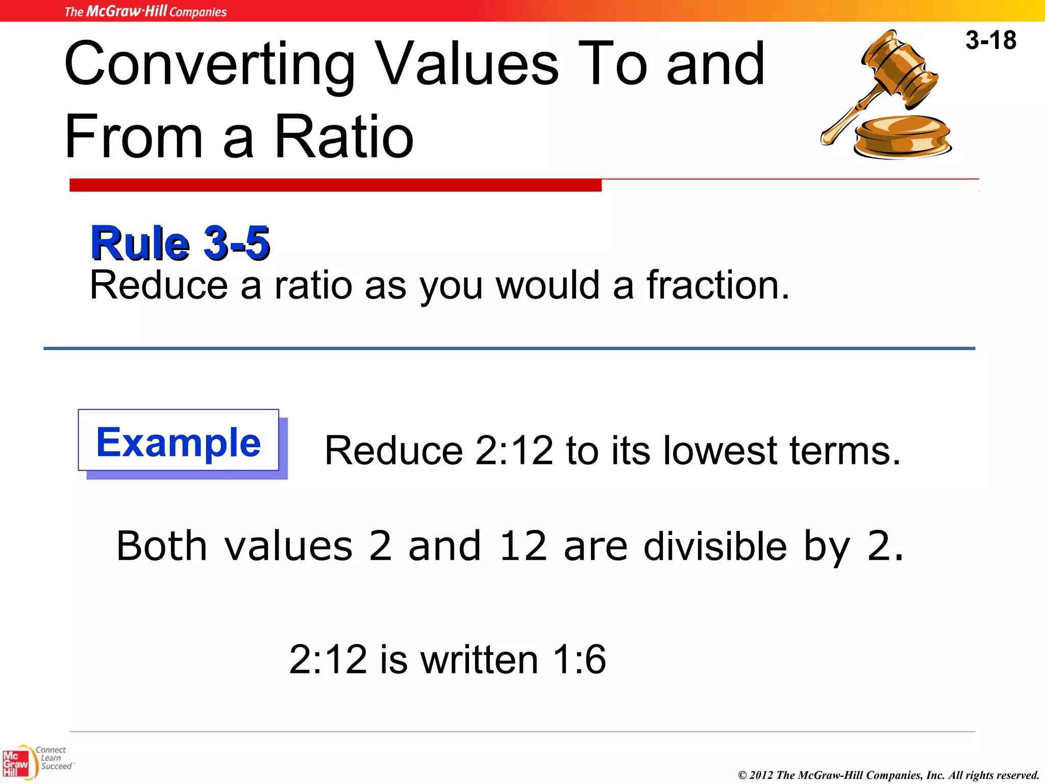 3-18 
Converting Values To and 
From a Ratio 
RRuullee 33--55 
Reduce a ratio as you would a fraction. 
Reduce 2:12 to its lowest terms. 
Both values 2 and 12 are divisible by 2. 
© 2012 The McGraw-Hill Companies, Inc. All rights reserved. 
2:12 is written 1:6 
EExxaammppllee 
 