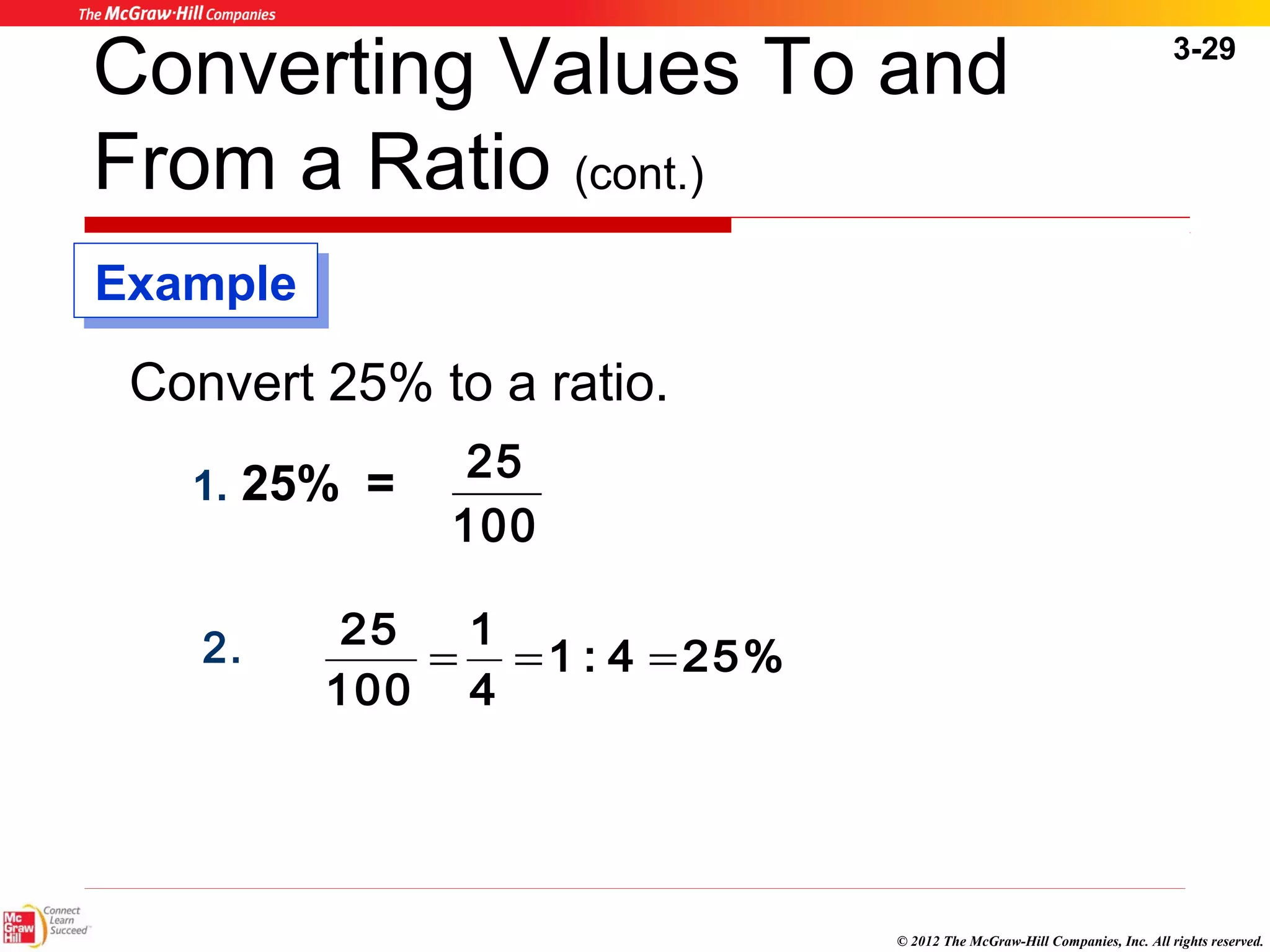 3-29 
Converting Values To and 
From a Ratio (cont.) 
© 2012 The McGraw-Hill Companies, Inc. All rights reserved. 
Convert 25% to a ratio. 
1. 25% = 
25 
100 
2. 25 = = = 
1 : 4 25% 
1 
4 
100 
EExxaammppllee 
 