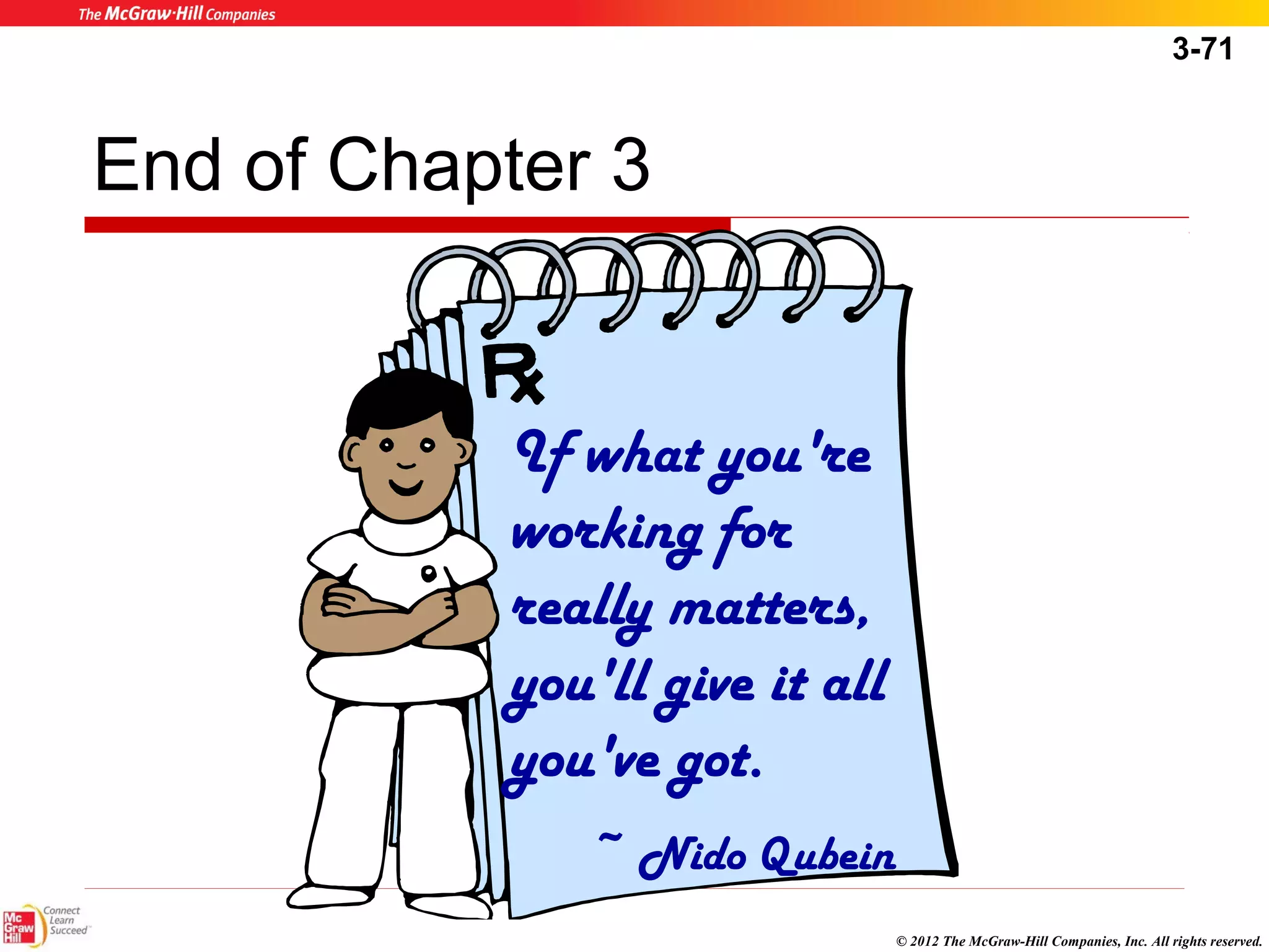 3-71 
© 2012 The McGraw-Hill Companies, Inc. All rights reserved. 
End of Chapter 3 
If what you're 
working for 
really matters, 
you'll give it all 
you've got. 
~ Nido Qubein 
