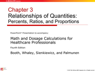 Chapter 3 
Relationships of Quantities: 
Percents, Ratios, and Proportions 
PowerPoint® Presentation to accompany: 
Math and Dosage Calculations for 
Healthcare Professionals 
Fourth Edition 
Booth, Whaley, Sienkiewicz, and Palmunen 
© 2012 The McGraw-Hill Companies, Inc. All rights reserved. 
 