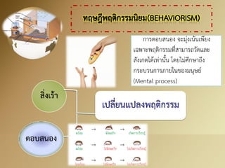 สิ่งเร้า 
ตอบสนอง 
การตอบสนอง จะมุ่งเน้นเพียง เฉพาะพฤติกรรมที่สามารถวัดและ สังเกตได้เท่านั้น โดยไม่ศึกษาถึง กระบวนการภายในของมนุษย์ (Mental process)  