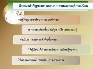 ลักษณะสาคัญของการออกแบบตามแนวพฤติกรรมนิยม 
ระบุวัตถุประสงค์ของการสอนชัดเจน 
การสอนแต่ละขั้นนาไปสู่การเรียนแบบรอบรู้ 
ดาเนินการสอนตามลาดับขั้นตอน 
ให้ผู้เรียนได้เรียนตามอัตราการเรียนรู้ของตน 
ให้ผลตอบกลับทันทีทันใด (การเสริมแรง)  