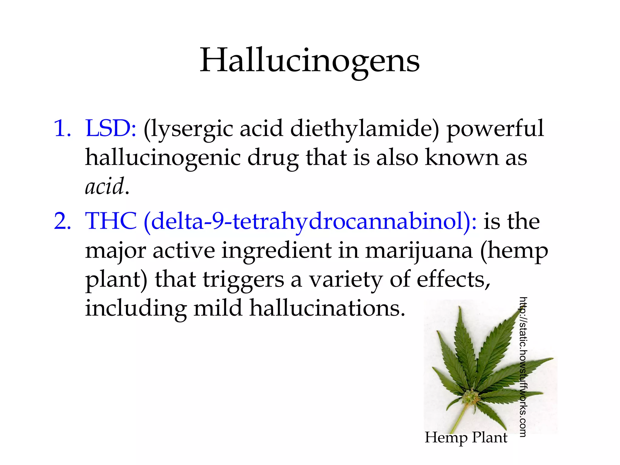 Hallucinogens 
1. LSD: (lysergic acid diethylamide) powerful 
hallucinogenic drug that is also known as 
acid. 
2. THC (delta-9-tetrahydrocannabinol): is the 
major active ingredient in marijuana (hemp 
plant) that triggers a variety of effects, 
including mild hallucinations. 
http://static.howstuffworks.com 
Hemp Plant 
 