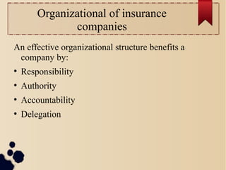 Organizational of insurance 
companies 
An effective organizational structure benefits a 
company by: 
● Responsibility 
● Authority 
● Accountability 
● Delegation 
 