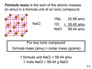 Formula mass is the sum of the atomic masses
(in amu) in a formula unit of an ionic compound.
1Na 22.99 amu
1Cl + 35.45 amu
NaCl 58.44 amu
For any ionic compound
formula mass (amu) = molar mass (grams)
1 formula unit NaCl = 58.44 amu
1 mole NaCl = 58.44 g NaCl
3.3
NaCl
 