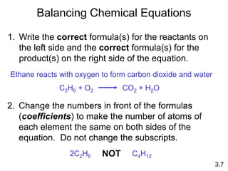 Balancing Chemical Equations
1. Write the correct formula(s) for the reactants on
the left side and the correct formula(s) for the
product(s) on the right side of the equation.
Ethane reacts with oxygen to form carbon dioxide and water
C2H6 + O2 CO2 + H2O
2. Change the numbers in front of the formulas
(coefficients) to make the number of atoms of
each element the same on both sides of the
equation. Do not change the subscripts.
3.7
2C2H6 NOT C4H12
 