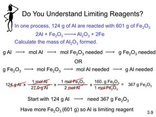 Do You Understand Limiting Reagents?
In one process, 124 g of Al are reacted with 601 g of Fe2O3
2Al + Fe2O3 Al2O3 + 2Fe
Calculate the mass of Al2O3 formed.
g Al mol Al mol Fe2O3 needed g Fe2O3 needed
OR
g Fe2O3 mol Fe2O3 mol Al needed g Al needed
124 g Al
1 mol Al
27.0 g Al
x
1 mol Fe2O3
2 mol Al
x
160. g Fe2O3
1 mol Fe2O3
x = 367 g Fe2O3
Start with 124 g Al need 367 g Fe2O3
Have more Fe2O3 (601 g) so Al is limiting reagent
3.9
 