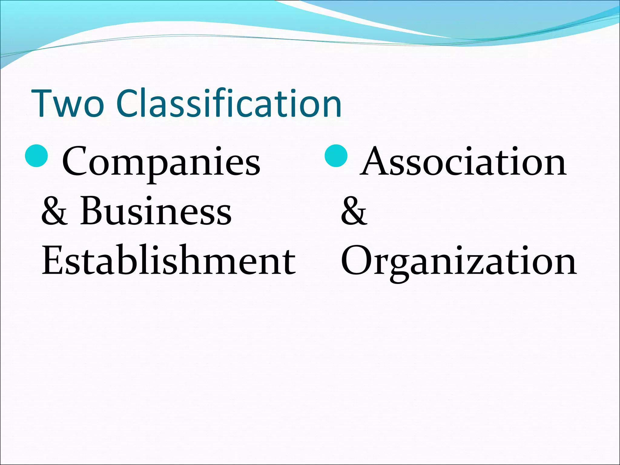 Two Classification
Companies
& Business
Establishment
Association
&
Organization
 