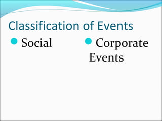 Classification of Events
Social Corporate 
Events
 