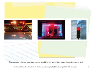 You May Ask Yourself: An Introduction to Thinking Like a Sociologist, 3rd Edition Copyright ©2013 W.W. Norton, Inc. 38
There are no inherent meanings behind a red light; its symbolism varies depending on context.
 