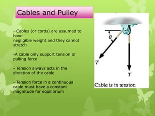 - Cables (or cords) are assumed to
have
negligible weight and they cannot
stretch
-A cable only support tension or
pulling force
- Tension always acts in the
direction of the cable
- Tension force in a continuous
cable must have a constant
magnitude for equilibrium
Cables and Pulley
 