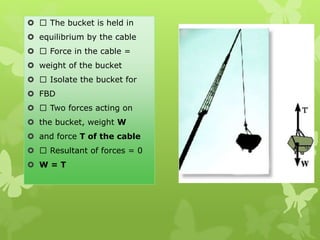  The bucket is held in
 equilibrium by the cable
 Force in the cable =
 weight of the bucket
 Isolate the bucket for
 FBD
 Two forces acting on
 the bucket, weight W
 and force T of the cable
 Resultant of forces = 0
 W = T
 