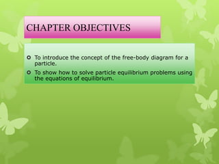 CHAPTER OBJECTIVES
 To introduce the concept of the free-body diagram for a
particle.
 To show how to solve particle equilibrium problems using
the equations of equilibrium.
 