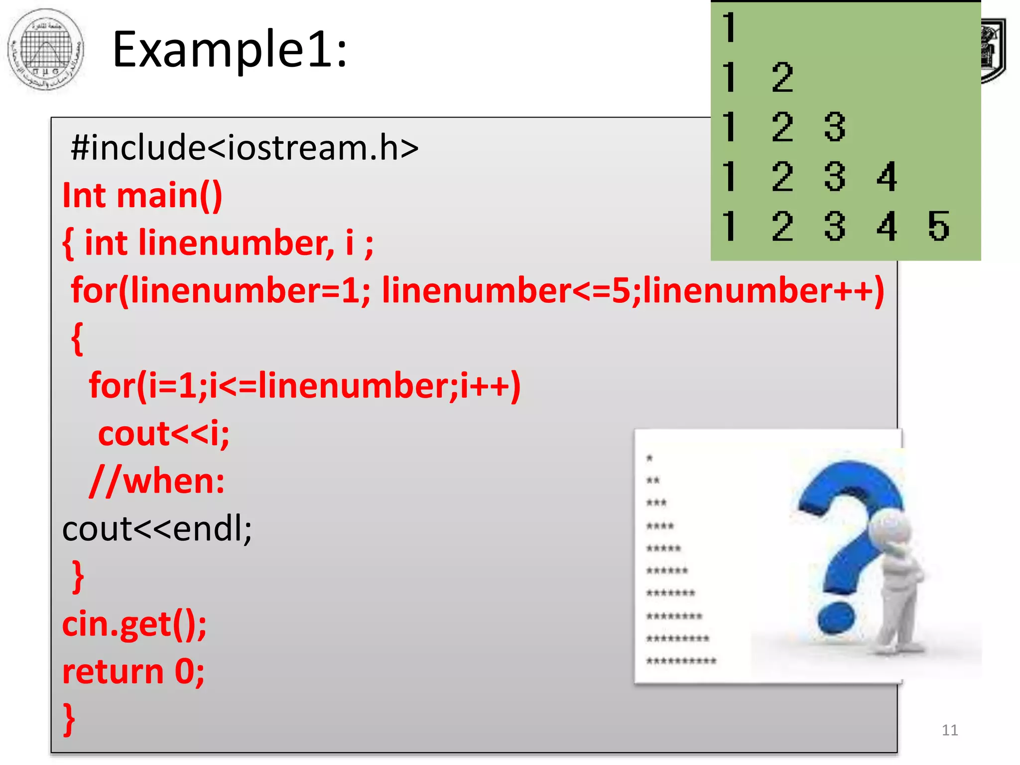 ‫االحصائيه‬ ‫والبحوث‬ ‫الدراسات‬ ‫معهد‬ ‫القاهرة‬ ‫جامعة‬
‫والبرمجيات‬ ‫المعلومات‬ ‫قواعد‬ ‫بحوث‬ ‫مركز‬
11
Example1:
#include<iostream.h>
Int main()
{ int linenumber, i ;
for(linenumber=1; linenumber<=5;linenumber++)
{
for(i=1;i<=linenumber;i++)
cout<<i;
//when:
cout<<endl;
}
cin.get();
return 0;
}
 