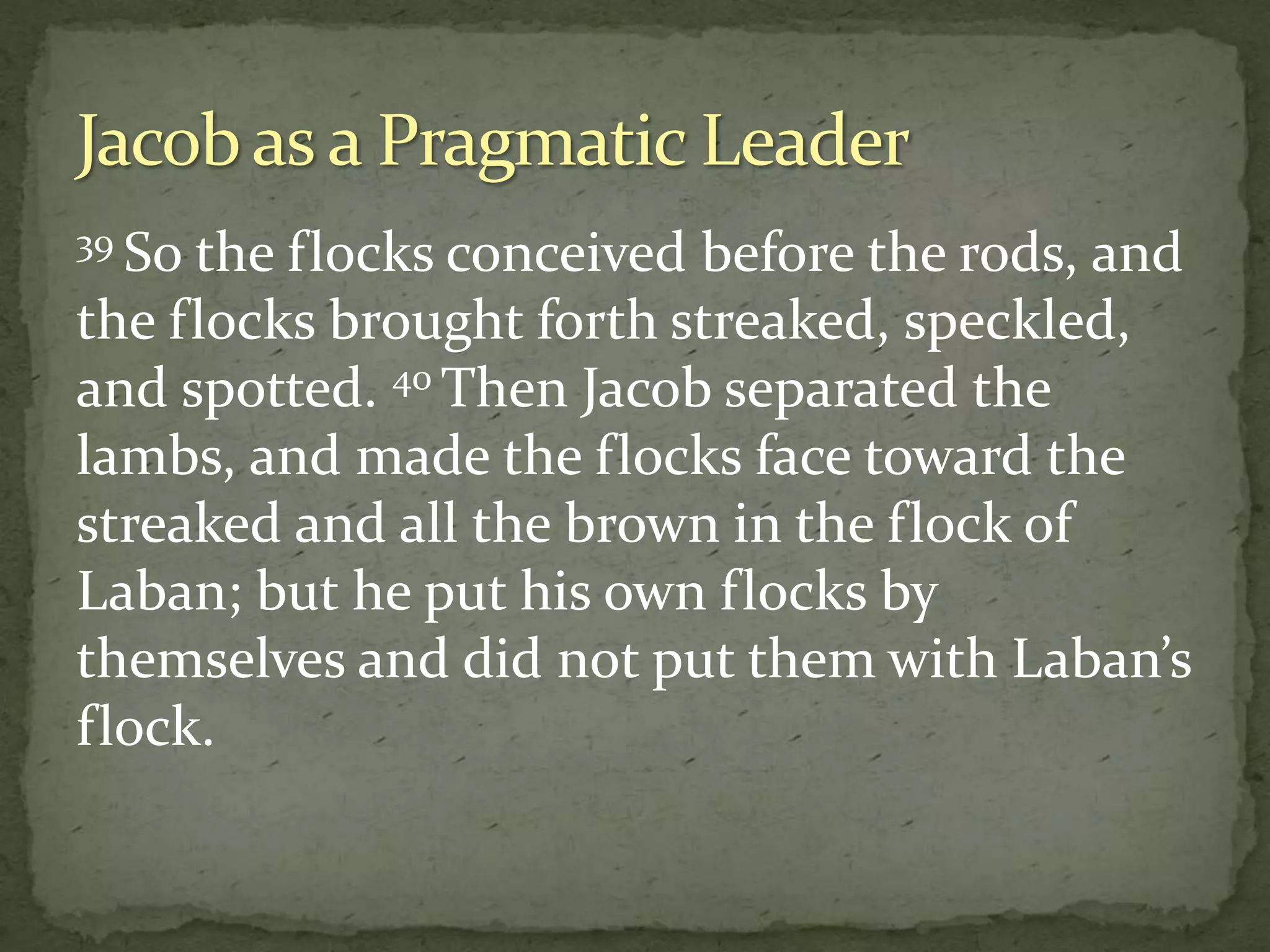 39 So the flocks conceived before the rods, and
the flocks brought forth streaked, speckled,
and spotted. 40 Then Jacob separated the
lambs, and made the flocks face toward the
streaked and all the brown in the flock of
Laban; but he put his own flocks by
themselves and did not put them with Laban’s
flock.
 