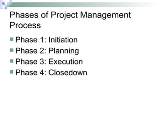 Phases of Project Management
Process
 Phase 1: Initiation
 Phase 2: Planning
 Phase 3: Execution
 Phase 4: Closedown
 