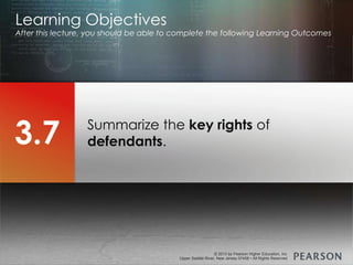 © 2013 by Pearson Higher Education, Inc
Upper Saddle River, New Jersey 07458 • All Rights Reserved
© 2013 by Pearson Higher Education, Inc
Upper Saddle River, New Jersey 07458 • All Rights Reserved
Summarize the key rights of
defendants.
Learning Objectives
After this lecture, you should be able to complete the following Learning Outcomes
3.7
 