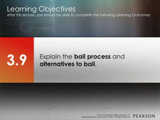 © 2013 by Pearson Higher Education, Inc
Upper Saddle River, New Jersey 07458 • All Rights Reserved
© 2013 by Pearson Higher Education, Inc
Upper Saddle River, New Jersey 07458 • All Rights Reserved
Explain the bail process and
alternatives to bail.
Learning Objectives
After this lecture, you should be able to complete the following Learning Outcomes
3.9
 