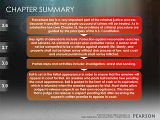 © 2013 by Pearson Higher Education, Inc
Upper Saddle River, New Jersey 07458 • All Rights Reserved
© 2013 by Pearson Higher Education, Inc
Upper Saddle River, New Jersey 07458 • All Rights Reserved
3.6
Procedural law is a very important part of the criminal justice process,
because it specifies how people accused of crimes will be treated. As in
substantive law (see Chapter 5), the provisions of criminal procedure are
guided by the principles of the U.S. Constitution.
3.7
Key rights of defendants include: Protection against reasonable searches
and seizures, no warrants except upon probable cause, a person shall
not be compelled to be a witness against oneself, life, liberty, and
property shall not be taken away without due process of law, and cruel
and unusual punishments shall not be inflicted.
Pretrial steps and activities include: investigation, arrest and booking.3.8
Bail is set at the initial appearance in order to ensure that the arrestee will
appear in court for trial. An arrestee who posts bail remains free pending
the court appearance. Bail is posted in the form of cash or its equivalent,
which is refunded when the arrestee appears for trial. Most states allow
judges to release suspects on their own recognizance. This means
that a judge can release a suspect pending trial after receiving the
suspect's written promise to appear in court.
3.9
CHAPTER SUMMARY
 