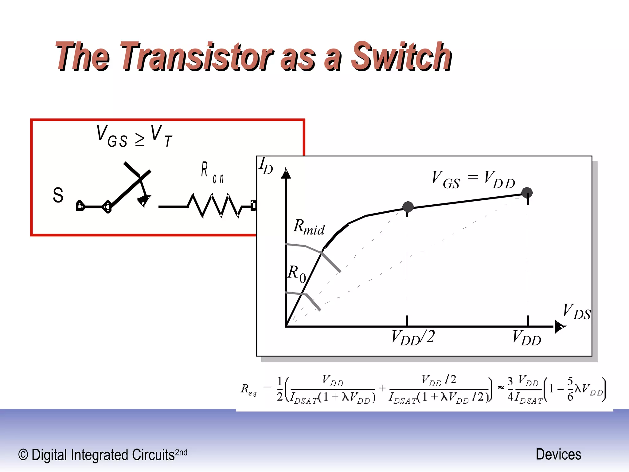 © Digital Integrated Circuits2nd Devices
The Transistor as a SwitchThe Transistor as a Switch
VGS ≥ VT
R o n
S D
ID
VDS
VGS = VDD
VDD/2 VDD
R0
Rmid
ID
VDS
VGS = VDD
VDD/2 VDD
R0
Rmid
 
