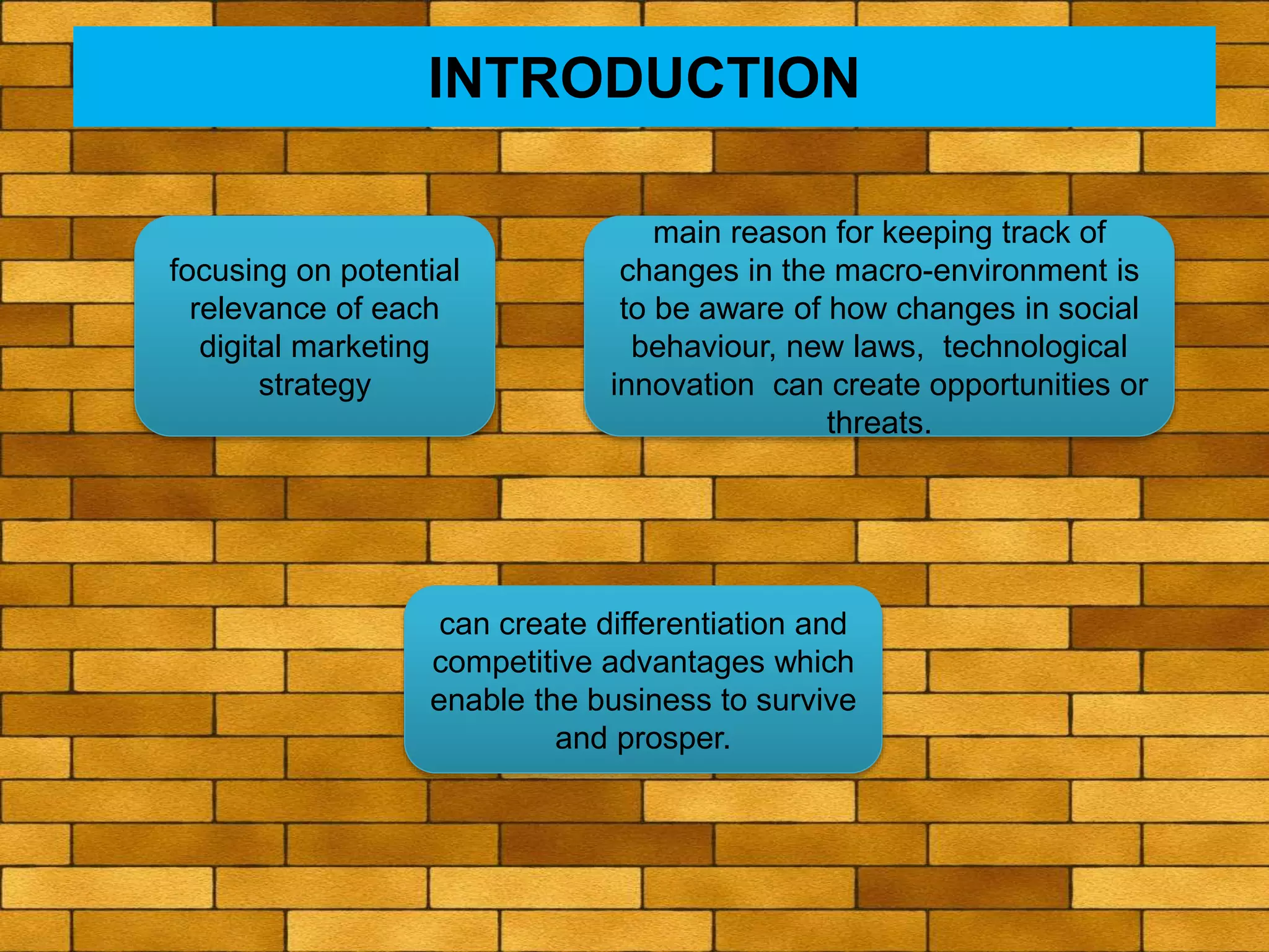 INTRODUCTION
focusing on potential
relevance of each
digital marketing
strategy
main reason for keeping track of
changes in the macro-environment is
to be aware of how changes in social
behaviour, new laws, technological
innovation can create opportunities or
threats.
can create differentiation and
competitive advantages which
enable the business to survive
and prosper.
 