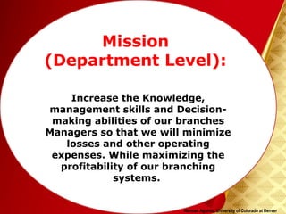 Herman Aguinis, University of Colorado at Denver
Mission
(Department Level):
Increase the Knowledge,
management skills and Decision-
making abilities of our branches
Managers so that we will minimize
losses and other operating
expenses. While maximizing the
profitability of our branching
systems.
 