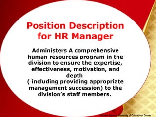 Herman Aguinis, University of Colorado at Denver
Position Description
for HR Manager
Administers A comprehensive
human resources program in the
division to ensure the expertise,
effectiveness, motivation, and
depth
( including providing appropriate
management succession) to the
division’s staff members.
 