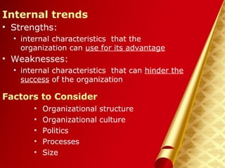 Herman Aguinis, University of Colorado at Denver
Internal trends
• Strengths:
• internal characteristics that the
organization can use for its advantage
• Weaknesses:
• internal characteristics that can hinder the
success of the organization
Prentice Hall, Inc. © 2006
Factors to Consider
• Organizational structure
• Organizational culture
• Politics
• Processes
• Size
 