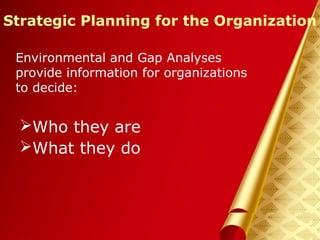 Herman Aguinis, University of Colorado at Denver
Strategic Planning for the Organization
Environmental and Gap Analyses
provide information for organizations
to decide:
Who they are
What they do
Prentice Hall, Inc. © 2006
 