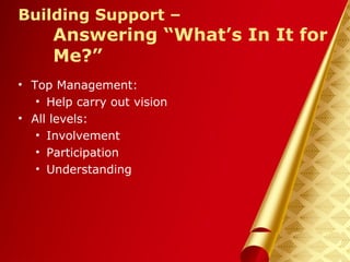 Herman Aguinis, University of Colorado at Denver
Building Support –
Answering “What’s In It for
Me?”
• Top Management:
• Help carry out vision
• All levels:
• Involvement
• Participation
• Understanding
Prentice Hall, Inc. © 2006
 