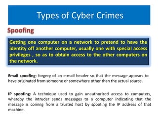 Types of Cyber Crimes
Getting one computer on a network to pretend to have the
identity off another computer, usually one with special access
privileges , so as to obtain access to the other computers on
the network.
Email spoofing: forgery of an e-mail header so that the message appears to
have originated from someone or somewhere other than the actual source.
IP spoofing: A technique used to gain unauthorized access to computers,
whereby the intruder sends messages to a computer indicating that the
message is coming from a trusted host by spoofing the IP address of that
machine.
 