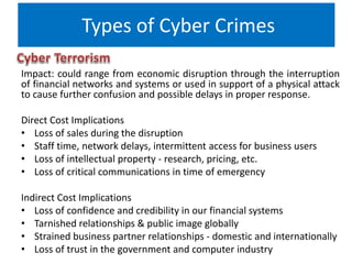 Types of Cyber Crimes
Impact: could range from economic disruption through the interruption
of financial networks and systems or used in support of a physical attack
to cause further confusion and possible delays in proper response.
Direct Cost Implications
• Loss of sales during the disruption
• Staff time, network delays, intermittent access for business users
• Loss of intellectual property - research, pricing, etc.
• Loss of critical communications in time of emergency
Indirect Cost Implications
• Loss of confidence and credibility in our financial systems
• Tarnished relationships & public image globally
• Strained business partner relationships - domestic and internationally
• Loss of trust in the government and computer industry
 