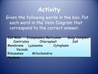 Activity
Given the following words in the box. Put
each word in the Venn Diagram that
correspond to the correct answer.
Cell Wall Endoplasmic Reticulum Golgi Complex
Centrioles Chloroplast Cell
Membrane Lysosome Cytoplasm
Vacoule
Ribosomes Mitochondria
Nucleus
 