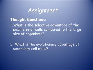 Assignment
Thought Questions:
1.What is the selective advantage of the
small size of cells compared to the large
size of organisms?
2. What is the evolutionary advantage of
secondary cell walls?
 