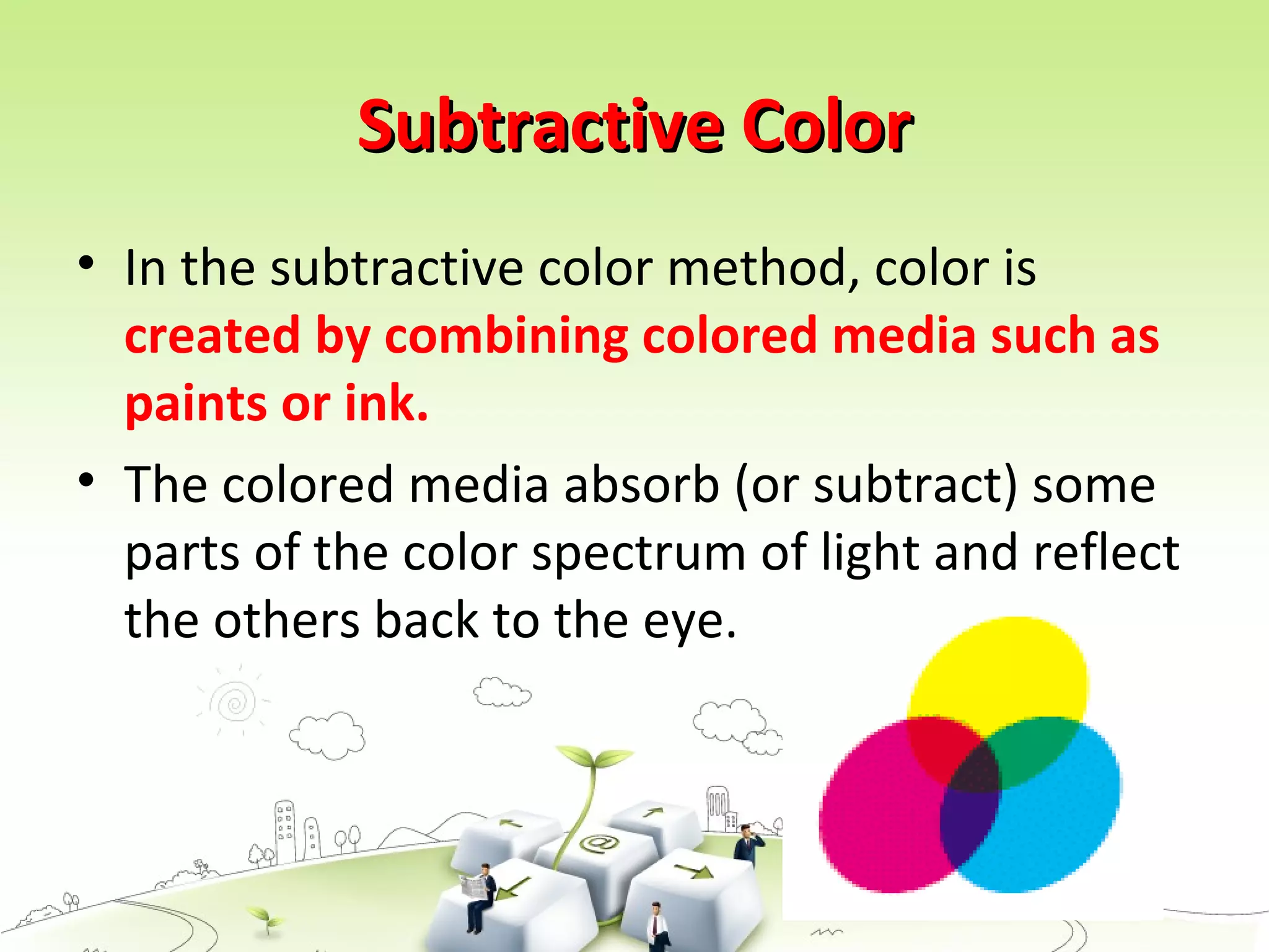 Subtractive ColorSubtractive Color
• In the subtractive color method, color is
created by combining colored media such as
paints or ink.
• The colored media absorb (or subtract) some
parts of the color spectrum of light and reflect
the others back to the eye.
 