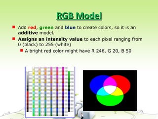 RGB ModelRGB Model
 Add red, green and blue to create colors, so it is an
additive model.
 Assigns an intensity value to each pixel ranging from
0 (black) to 255 (white)
 A bright red color might have R 246, G 20, B 50
 