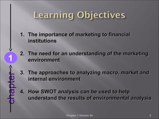Chapter 1 Version 3e 2
chapter
11
1.1. The importance of marketing to financialThe importance of marketing to financial
institutionsinstitutions
2.2. The need for an understanding of the marketingThe need for an understanding of the marketing
environmentenvironment
3.3. The approaches to analyzing macro, market andThe approaches to analyzing macro, market and
internal environmentinternal environment
4.4. How SWOT analysis can be used to helpHow SWOT analysis can be used to help
understand the results of environmental analysisunderstand the results of environmental analysis
 