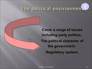 Chapter 1 Version 3e 6
•Cover a range of issues
including party politics.
•The political character of
the government.
•Regulatory system.
11
 