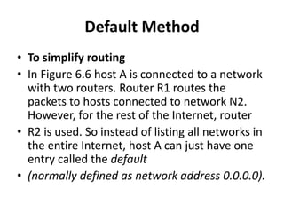 Default Method
• To simplify routing
• In Figure 6.6 host A is connected to a network
with two routers. Router R1 routes the
packets to hosts connected to network N2.
However, for the rest of the Internet, router
• R2 is used. So instead of listing all networks in
the entire Internet, host A can just have one
entry called the default
• (normally defined as network address 0.0.0.0).
 