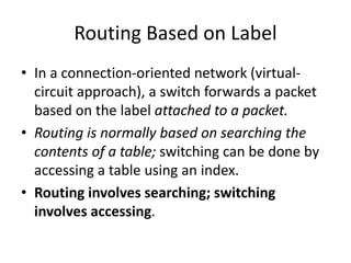 Routing Based on Label
• In a connection-oriented network (virtual-
circuit approach), a switch forwards a packet
based on the label attached to a packet.
• Routing is normally based on searching the
contents of a table; switching can be done by
accessing a table using an index.
• Routing involves searching; switching
involves accessing.
 