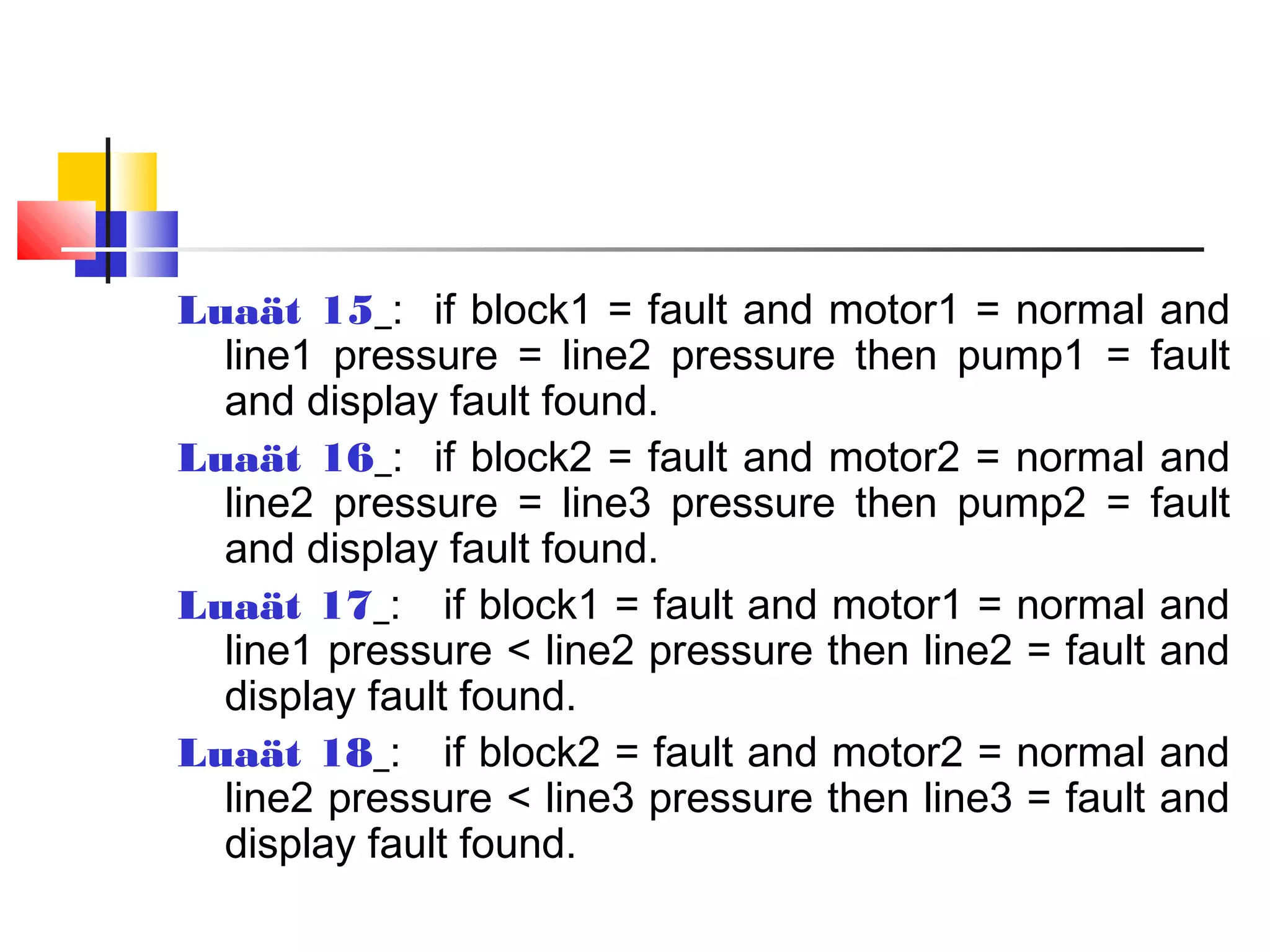 Luaät 15 : if block1 = fault and motor1 = normal and
line1 pressure = line2 pressure then pump1 = fault
and display fault found.
Luaät 16 : if block2 = fault and motor2 = normal and
line2 pressure = line3 pressure then pump2 = fault
and display fault found.
Luaät 17 : if block1 = fault and motor1 = normal and
line1 pressure < line2 pressure then line2 = fault and
display fault found.
Luaät 18 : if block2 = fault and motor2 = normal and
line2 pressure < line3 pressure then line3 = fault and
display fault found.
 