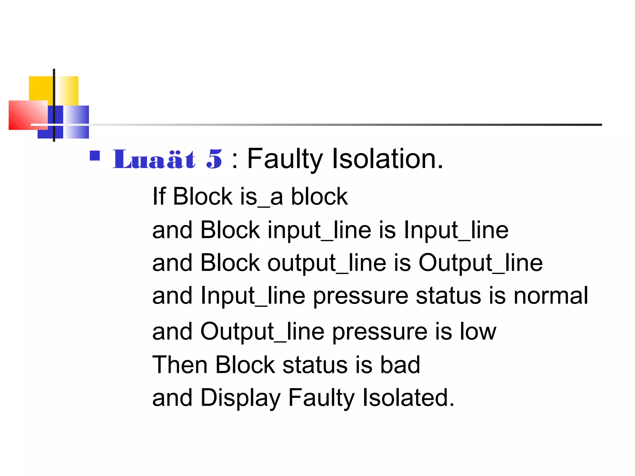  Luaät 5 : Faulty Isolation.
If Block is_a block
and Block input_line is Input_line
and Block output_line is Output_line
and Input_line pressure status is normal
and Output_line pressure is low
Then Block status is bad
and Display Faulty Isolated.
 